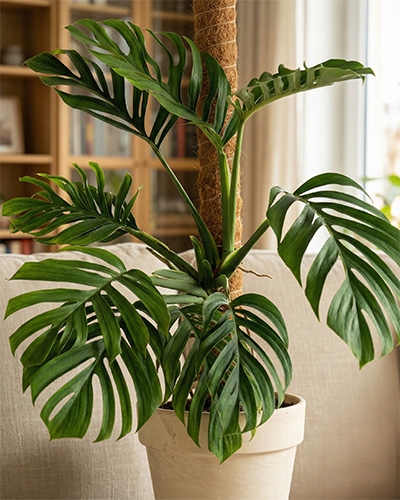 Monstera pinnatipartita en pot, grandes feuilles découpées, cultivé en intérieur avec tuteur en coco.